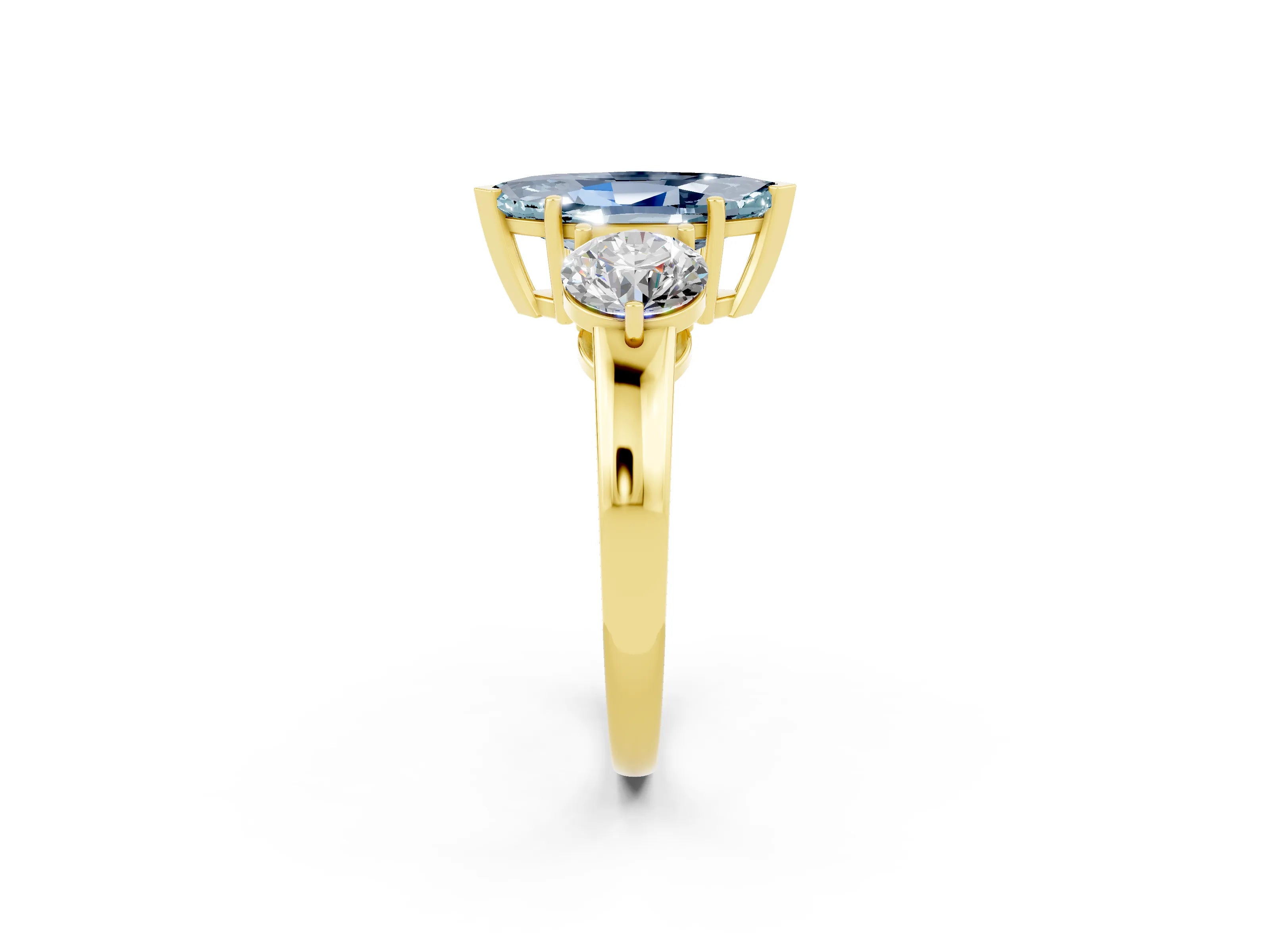 Yellow gold Marquise Cut Aquamarine Three-Stone Ring with Prong Setting and Classic Band_2