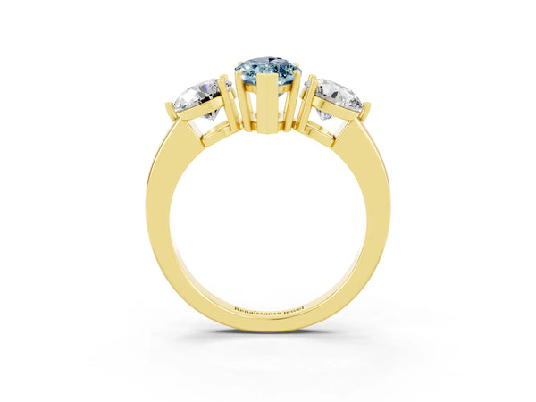 Yellow gold Marquise Cut Aquamarine Three-Stone Ring with Prong Setting and Classic Band
