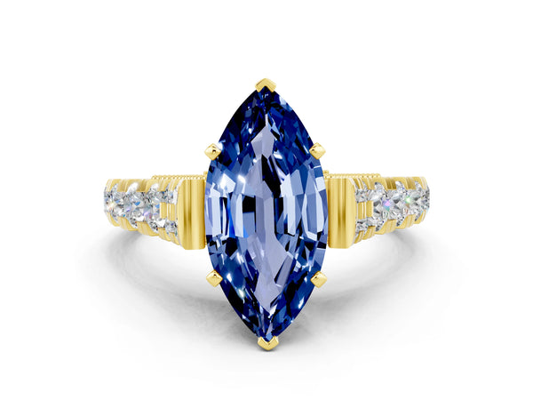 Yellow gold Marquise Cut Blue Sapphire Classic Solitaire Ring with Pavé Band and Four-Prong Setting