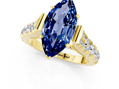 Yellow gold Marquise Cut Blue Sapphire Classic Solitaire Ring with Pavé Band and Four-Prong Setting_1