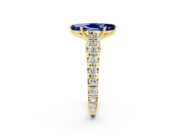 Yellow gold Marquise Cut Blue Sapphire Classic Solitaire Ring with Pavé Band and Four-Prong Setting