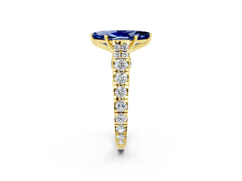 Yellow gold Marquise Cut Blue Sapphire Classic Solitaire Ring with Pavé Band and Four-Prong Setting_2