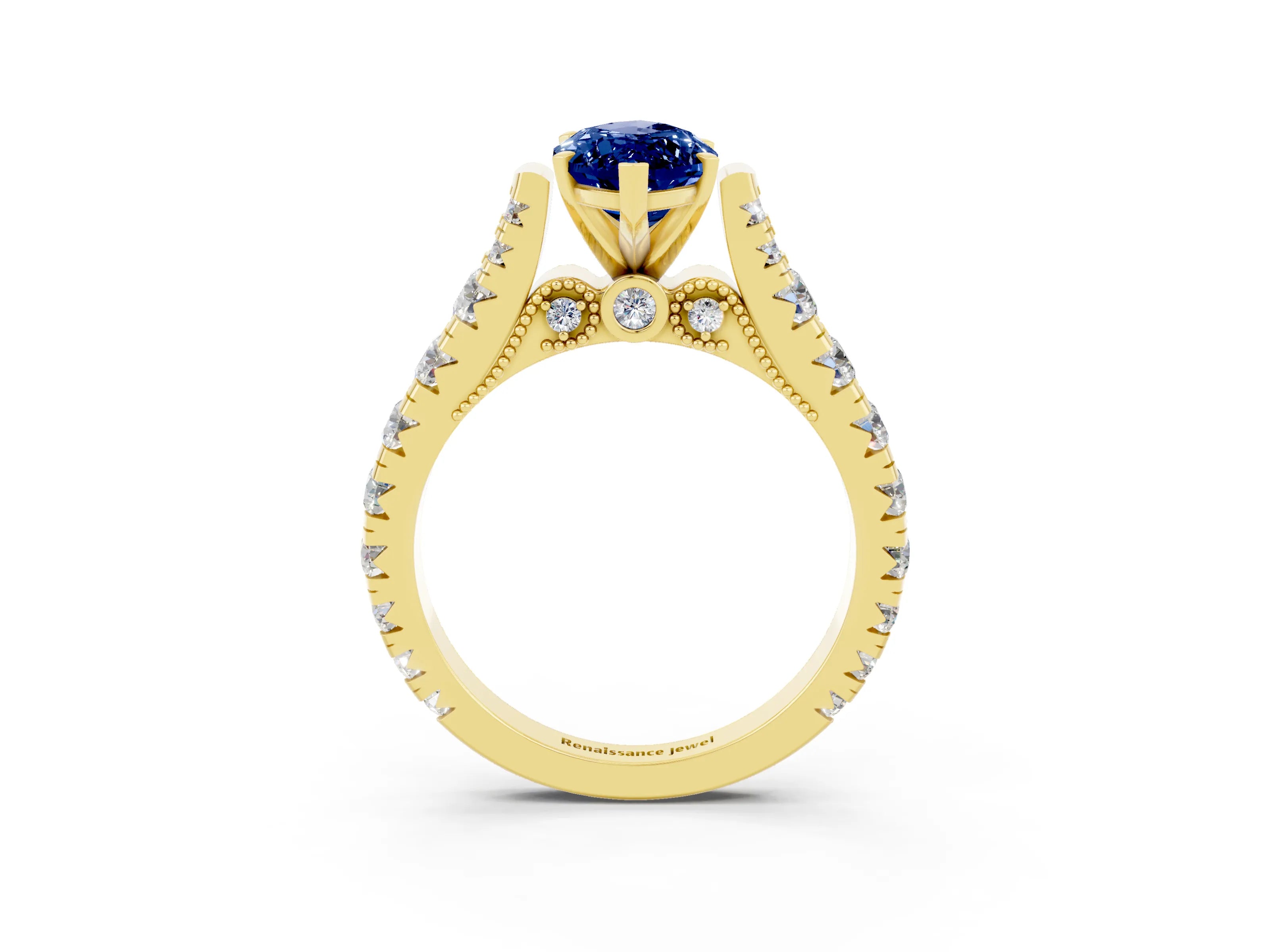 Yellow gold Marquise Cut Blue Sapphire Classic Solitaire Ring with Pavé Band and Four-Prong Setting_3