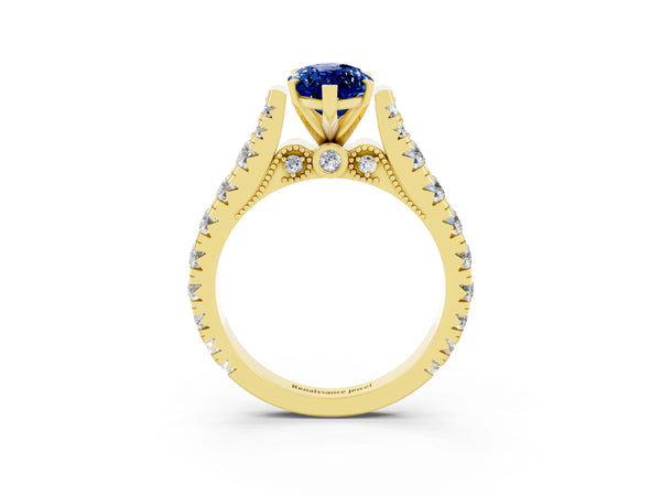 Yellow gold Marquise Cut Blue Sapphire Classic Solitaire Ring with Pavé Band and Four-Prong Setting