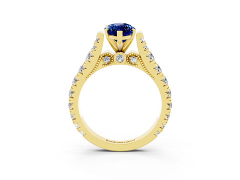 Yellow gold Marquise Cut Blue Sapphire Classic Solitaire Ring with Pavé Band and Four-Prong Setting_3
