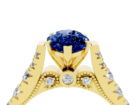 Yellow gold Marquise Cut Blue Sapphire Classic Solitaire Ring with Pavé Band and Four-Prong Setting_4