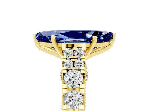 Yellow gold Marquise Cut Blue Sapphire Classic Solitaire Ring with Pavé Band and Four-Prong Setting_5