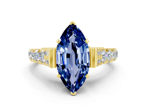 Yellow gold Marquise Cut Blue Sapphire Classic Solitaire Ring with Pavé Band and Four-Prong Setting