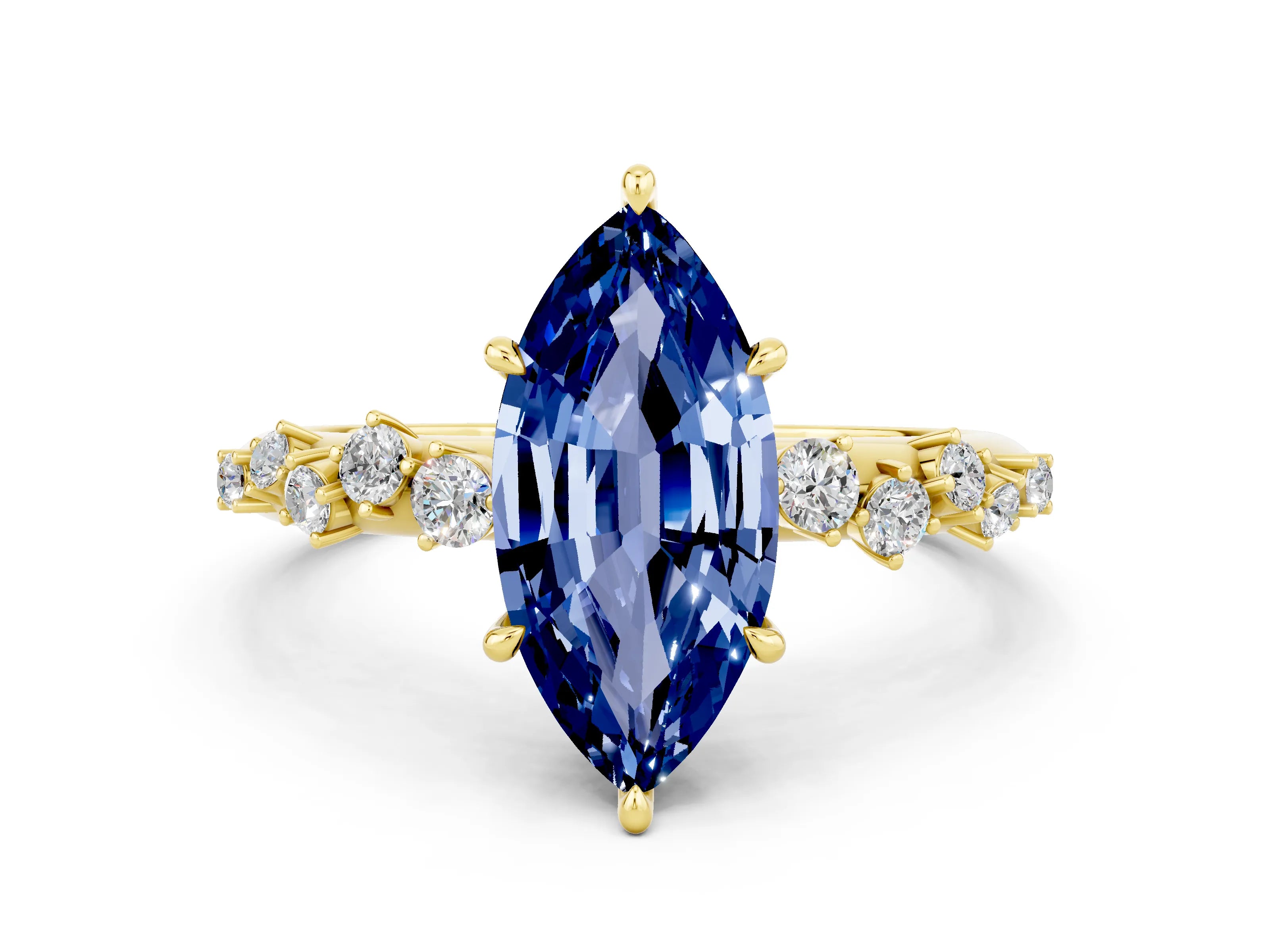 Yellow gold Marquise Cut Blue Sapphire Cluster Side Stone Solitaire Ring with Prong Setting_24