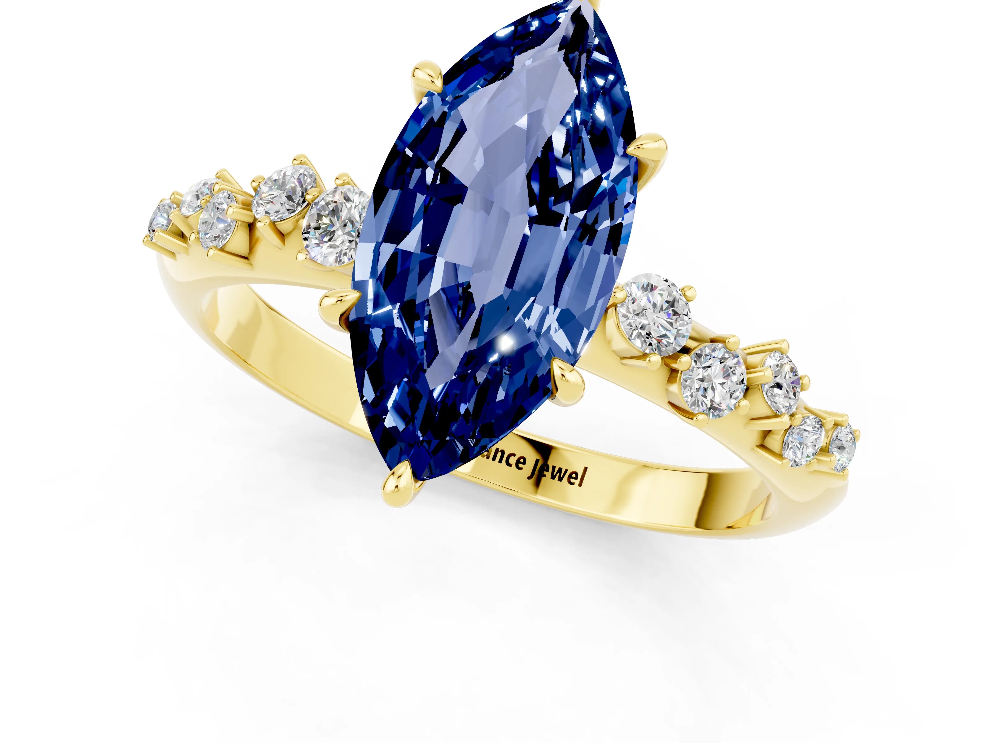 Yellow gold Marquise Cut Blue Sapphire Cluster Side Stone Solitaire Ring with Prong Setting_25