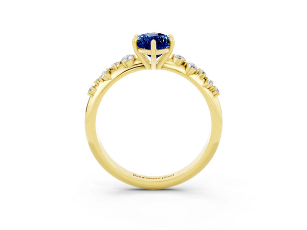Yellow gold Marquise Cut Blue Sapphire Cluster Side Stone Solitaire Ring with Prong Setting
