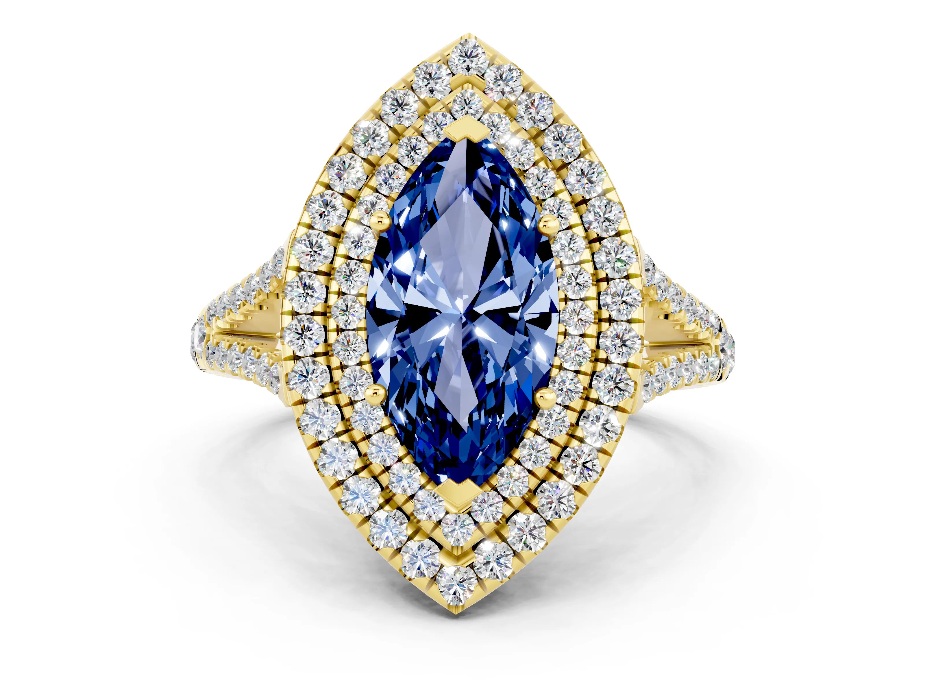 Yellow gold Marquise Cut Blue Sapphire Double Halo Ring with Pavé Band and Prong Setting_12