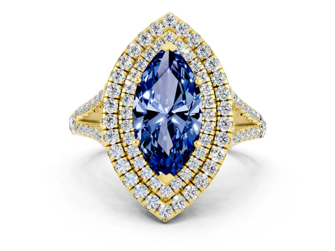 Yellow gold Marquise Cut Blue Sapphire Double Halo Ring with Pavé Band and Prong Setting_12