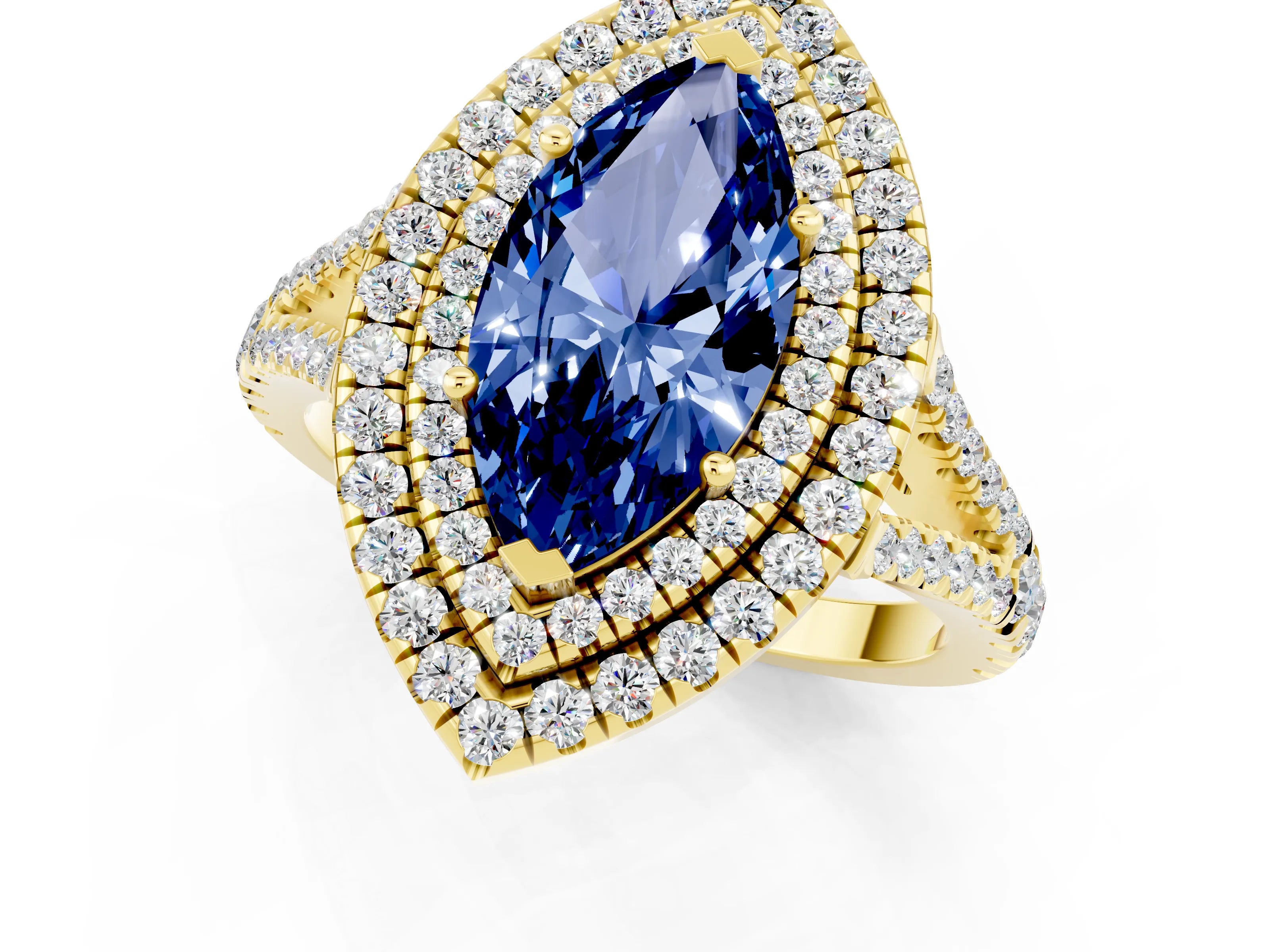 Yellow gold Marquise Cut Blue Sapphire Double Halo Ring with Pavé Band and Prong Setting_13