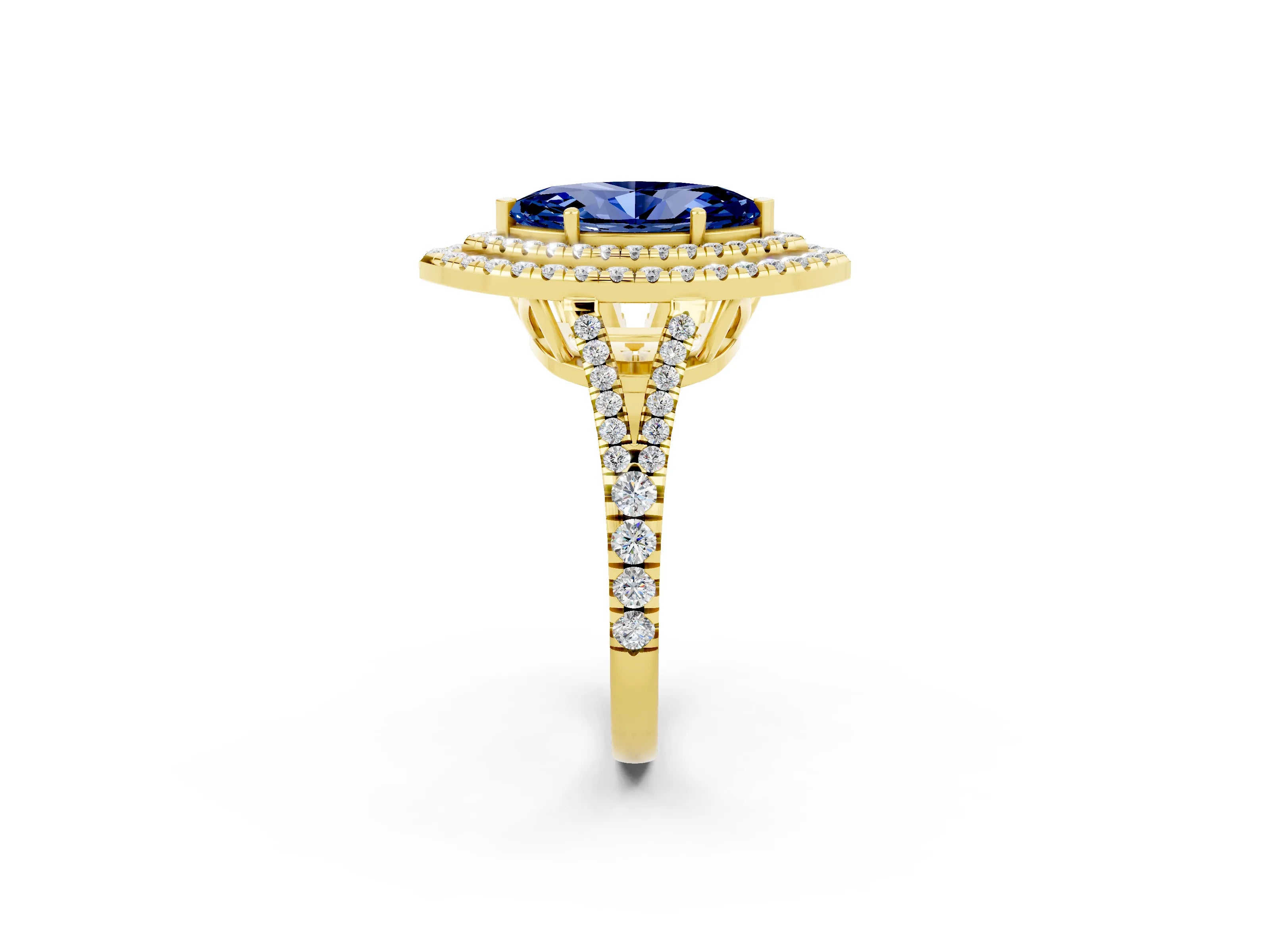 Yellow gold Marquise Cut Blue Sapphire Double Halo Ring with Pavé Band and Prong Setting_14
