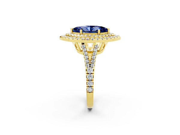 Yellow gold Marquise Cut Blue Sapphire Double Halo Ring with Pavé Band and Prong Setting