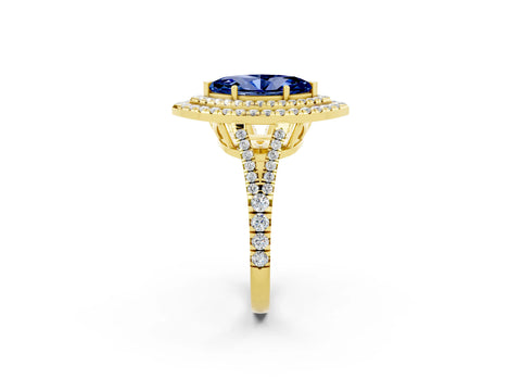 Yellow gold Marquise Cut Blue Sapphire Double Halo Ring with Pavé Band and Prong Setting_14