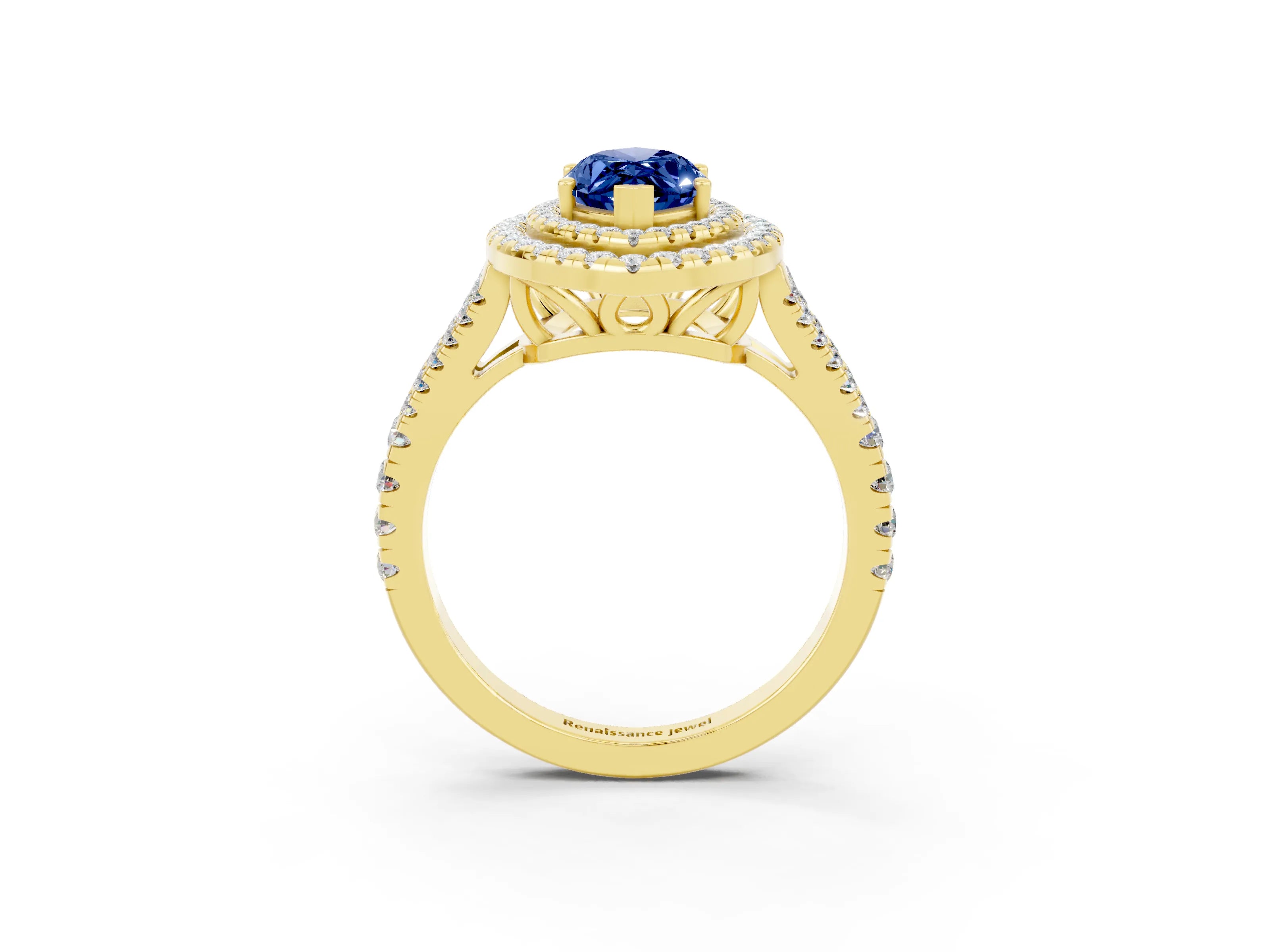 Yellow gold Marquise Cut Blue Sapphire Double Halo Ring with Pavé Band and Prong Setting_15