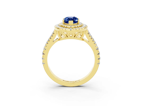 Yellow gold Marquise Cut Blue Sapphire Double Halo Ring with Pavé Band and Prong Setting