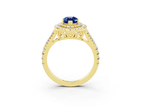Yellow gold Marquise Cut Blue Sapphire Double Halo Ring with Pavé Band and Prong Setting_15