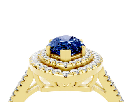 Yellow gold Marquise Cut Blue Sapphire Double Halo Ring with Pavé Band and Prong Setting_16
