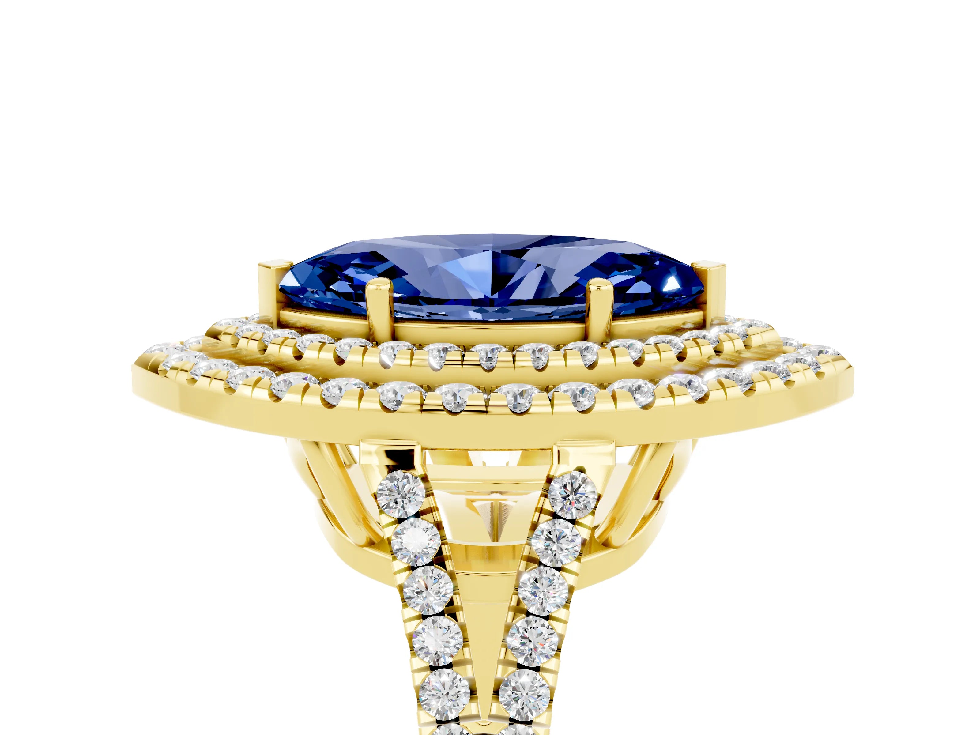 Yellow gold Marquise Cut Blue Sapphire Double Halo Ring with Pavé Band and Prong Setting_17