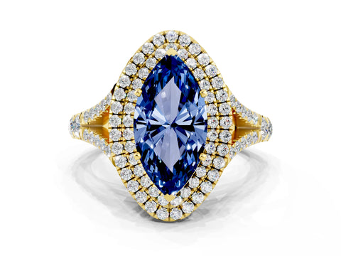 Yellow gold Marquise Cut Blue Sapphire Double Halo Ring with Split Shank and Prong Setting_12