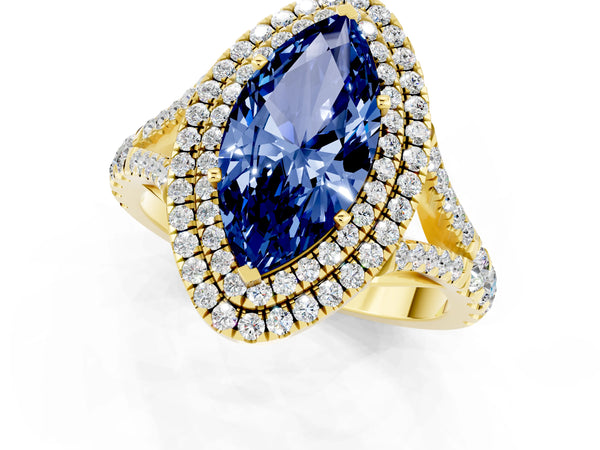 Yellow gold Marquise Cut Blue Sapphire Double Halo Ring with Split Shank and Prong Setting
