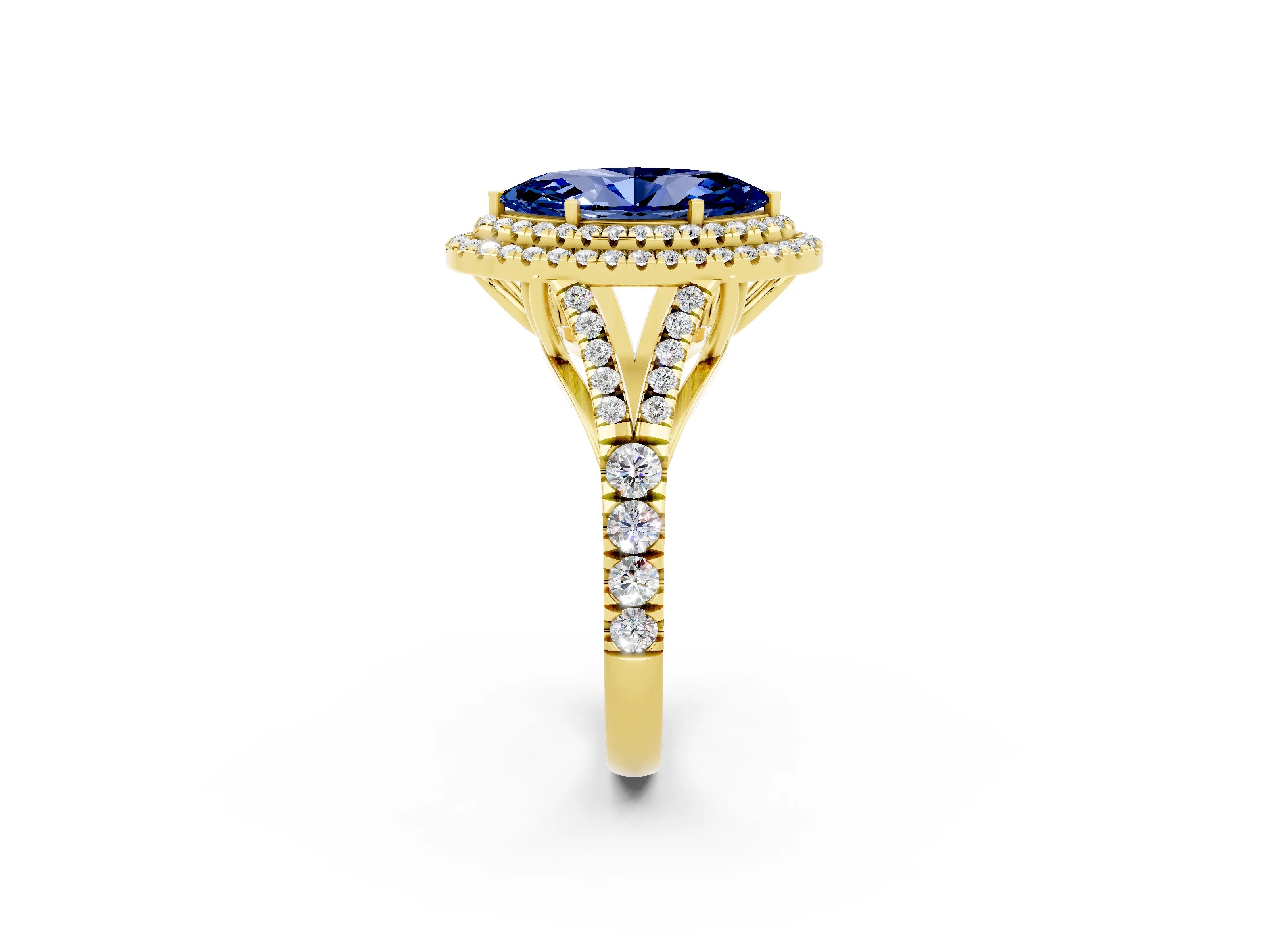 Yellow gold Marquise Cut Blue Sapphire Double Halo Ring with Split Shank and Prong Setting_14