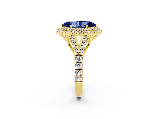 Yellow gold Marquise Cut Blue Sapphire Double Halo Ring with Split Shank and Prong Setting