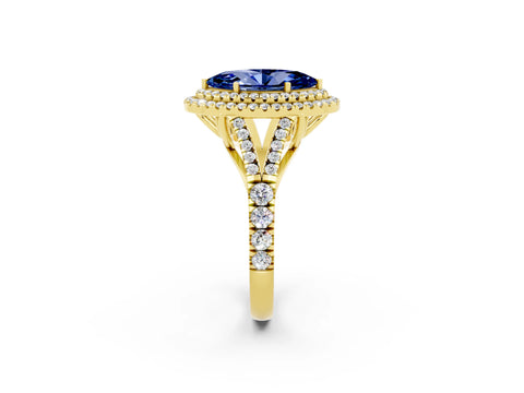 Yellow gold Marquise Cut Blue Sapphire Double Halo Ring with Split Shank and Prong Setting_14