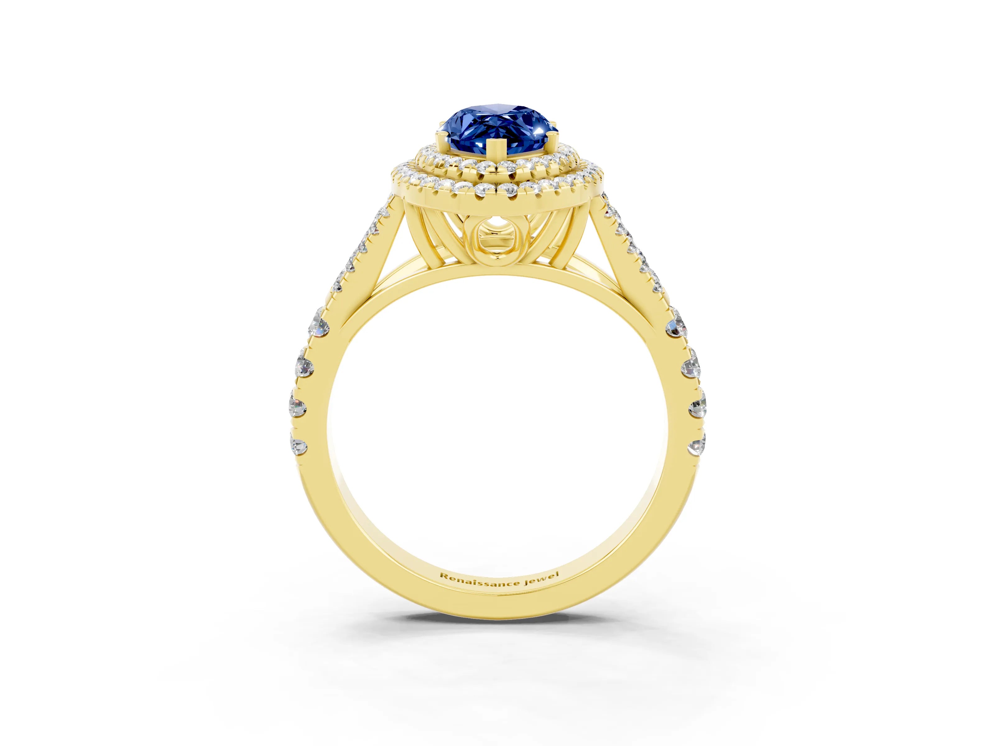 Yellow gold Marquise Cut Blue Sapphire Double Halo Ring with Split Shank and Prong Setting_15