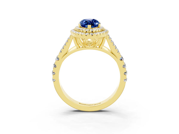 Yellow gold Marquise Cut Blue Sapphire Double Halo Ring with Split Shank and Prong Setting