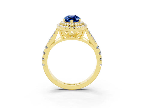 Yellow gold Marquise Cut Blue Sapphire Double Halo Ring with Split Shank and Prong Setting_15