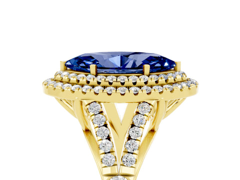 Yellow gold Marquise Cut Blue Sapphire Double Halo Ring with Split Shank and Prong Setting_17