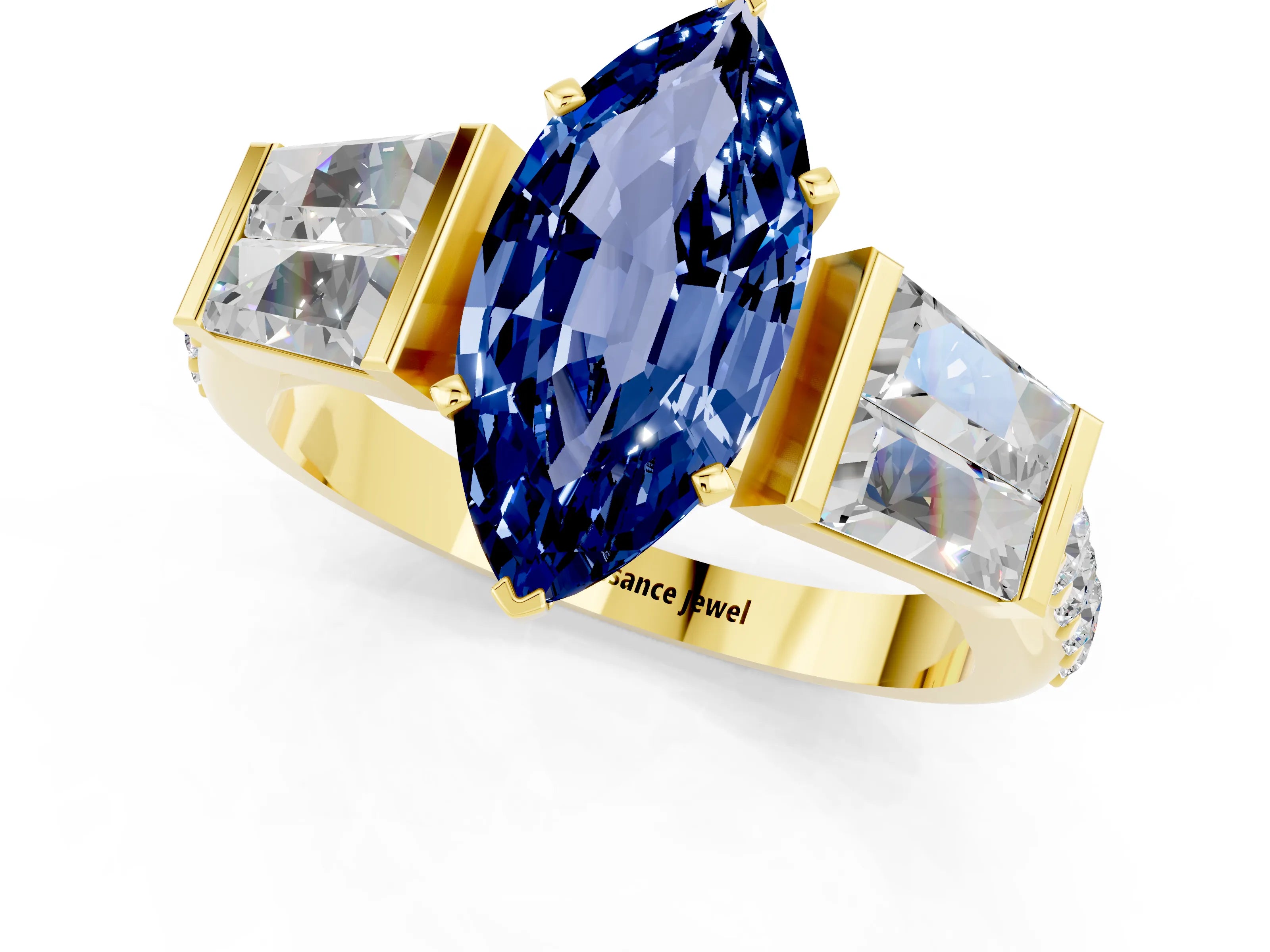 Yellow gold Marquise Cut Blue Sapphire Engagement Ring with Baguette Side Stones and Channel Set Band_1