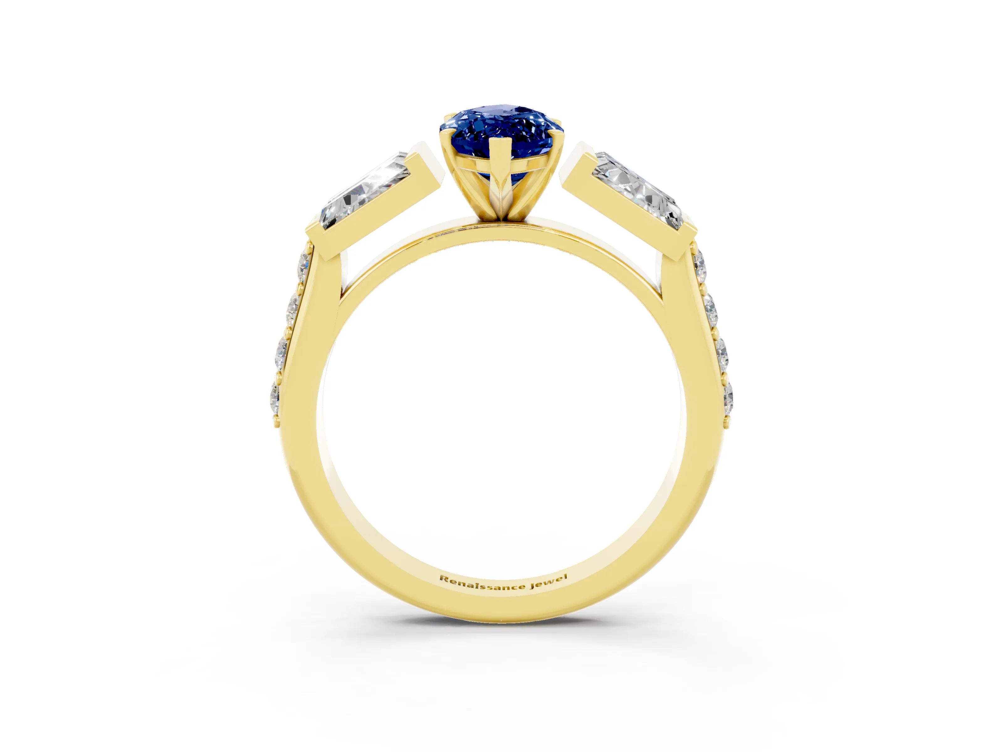 Yellow gold Marquise Cut Blue Sapphire Engagement Ring with Baguette Side Stones and Channel Set Band_3