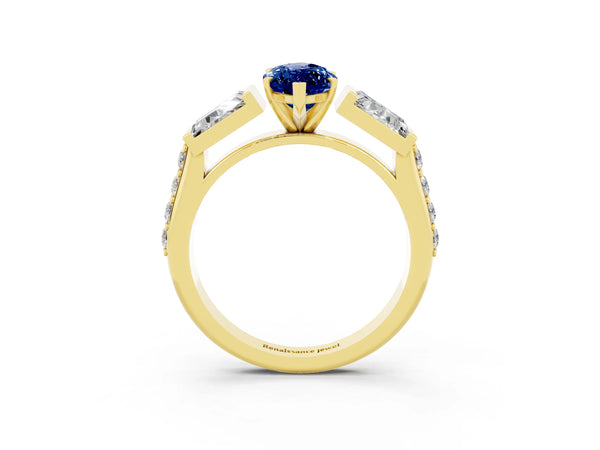 Yellow gold Marquise Cut Blue Sapphire Engagement Ring with Baguette Side Stones and Channel Set Band
