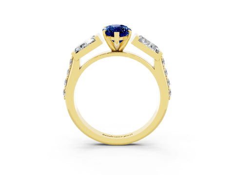 Yellow gold Marquise Cut Blue Sapphire Engagement Ring with Baguette Side Stones and Channel Set Band_3