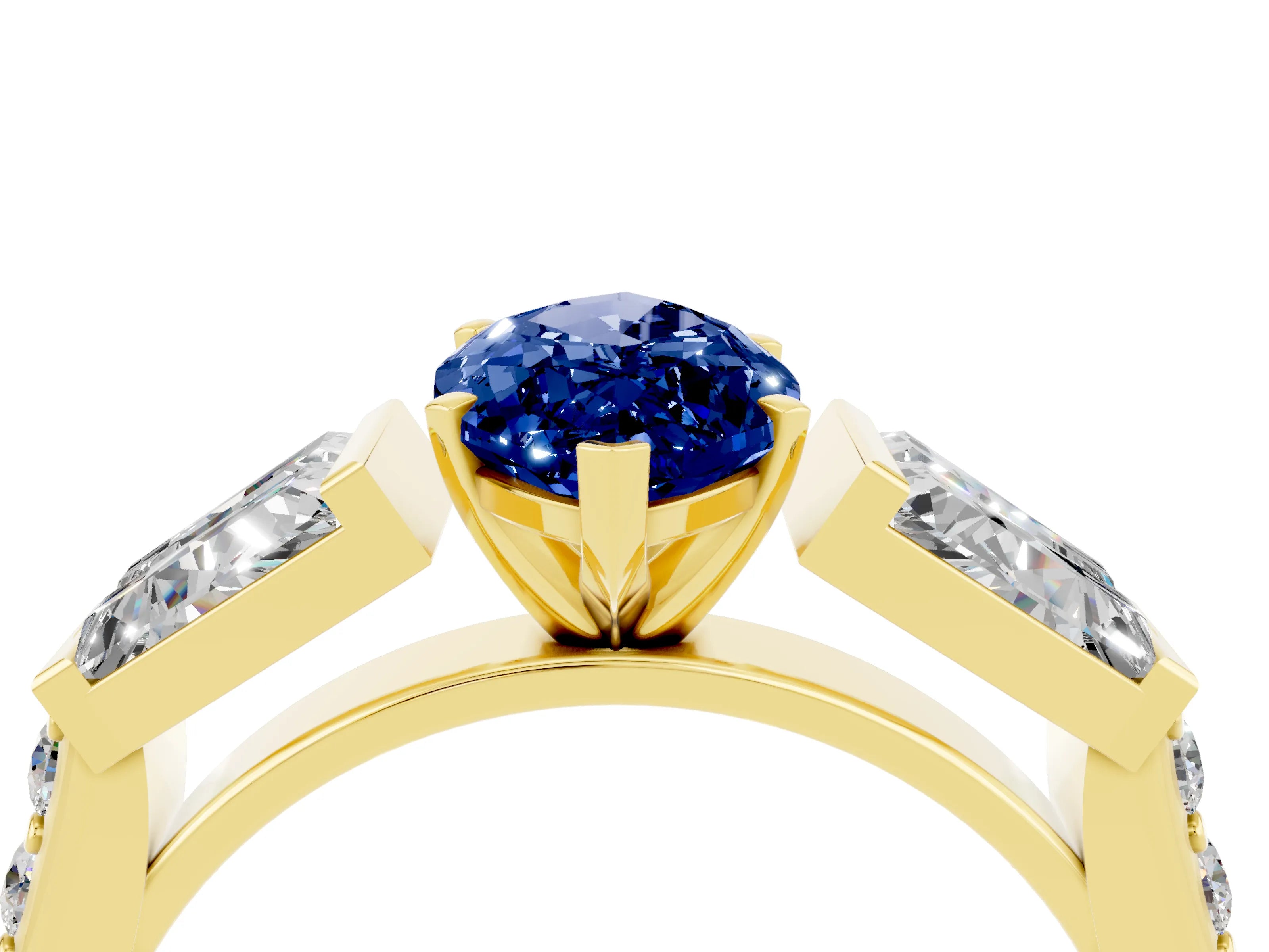 Yellow gold Marquise Cut Blue Sapphire Engagement Ring with Baguette Side Stones and Channel Set Band_4