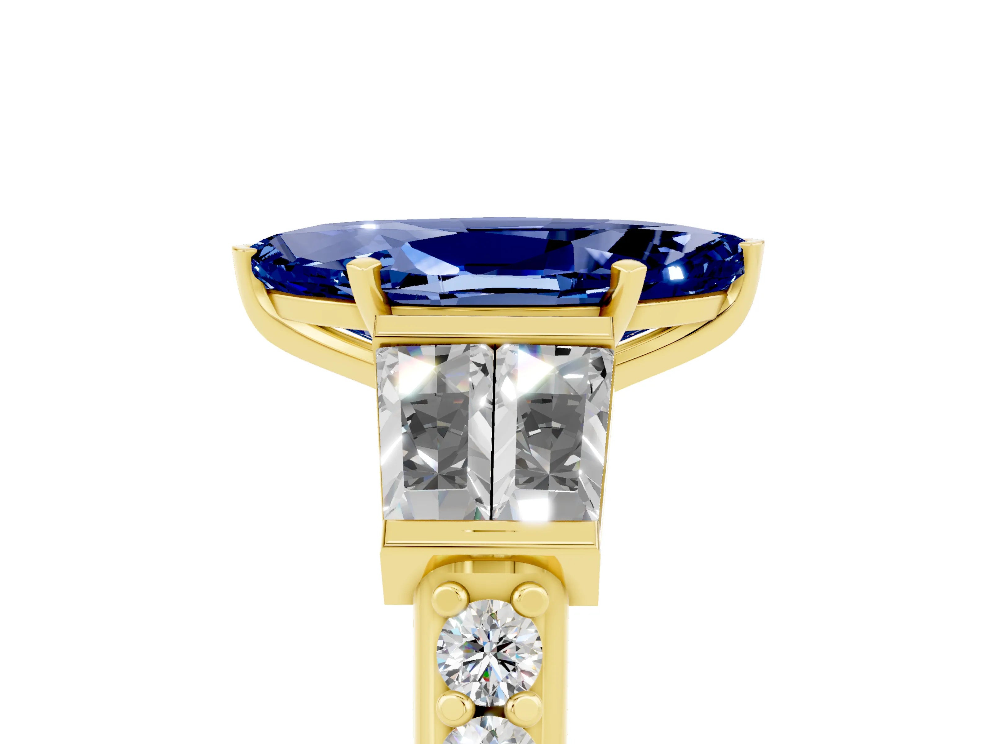 Yellow gold Marquise Cut Blue Sapphire Engagement Ring with Baguette Side Stones and Channel Set Band_5
