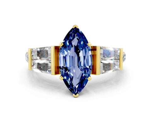 Yellow gold Marquise Cut Blue Sapphire Engagement Ring with Baguette Side Stones and Channel Set Band