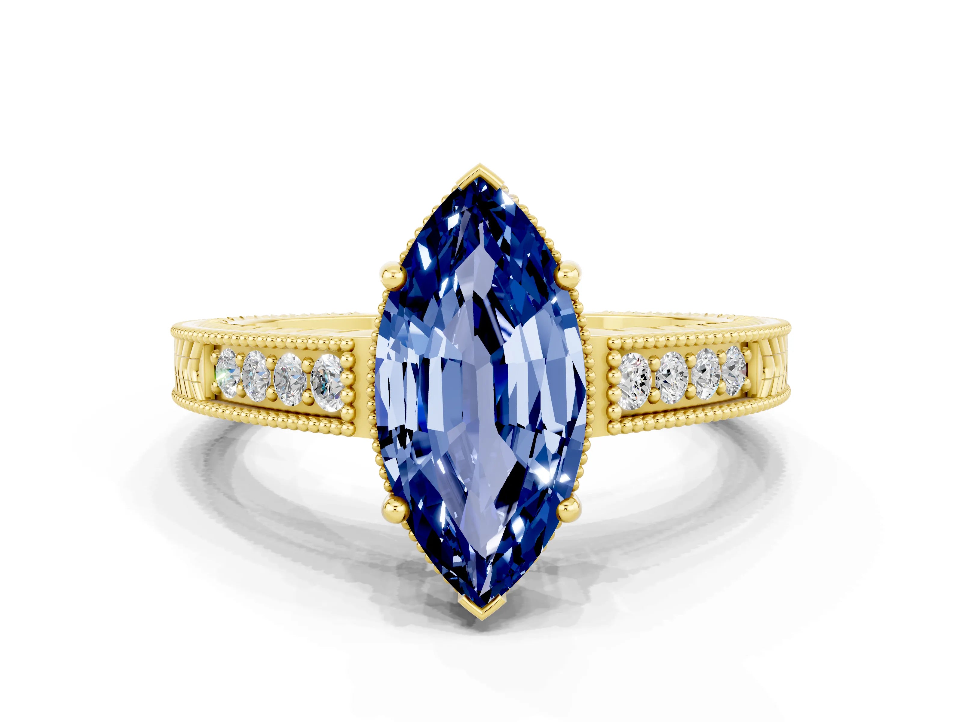 Yellow gold Marquise Cut Blue Sapphire Engagement Ring with Milgrain Channel Set Band and Prong Setting
