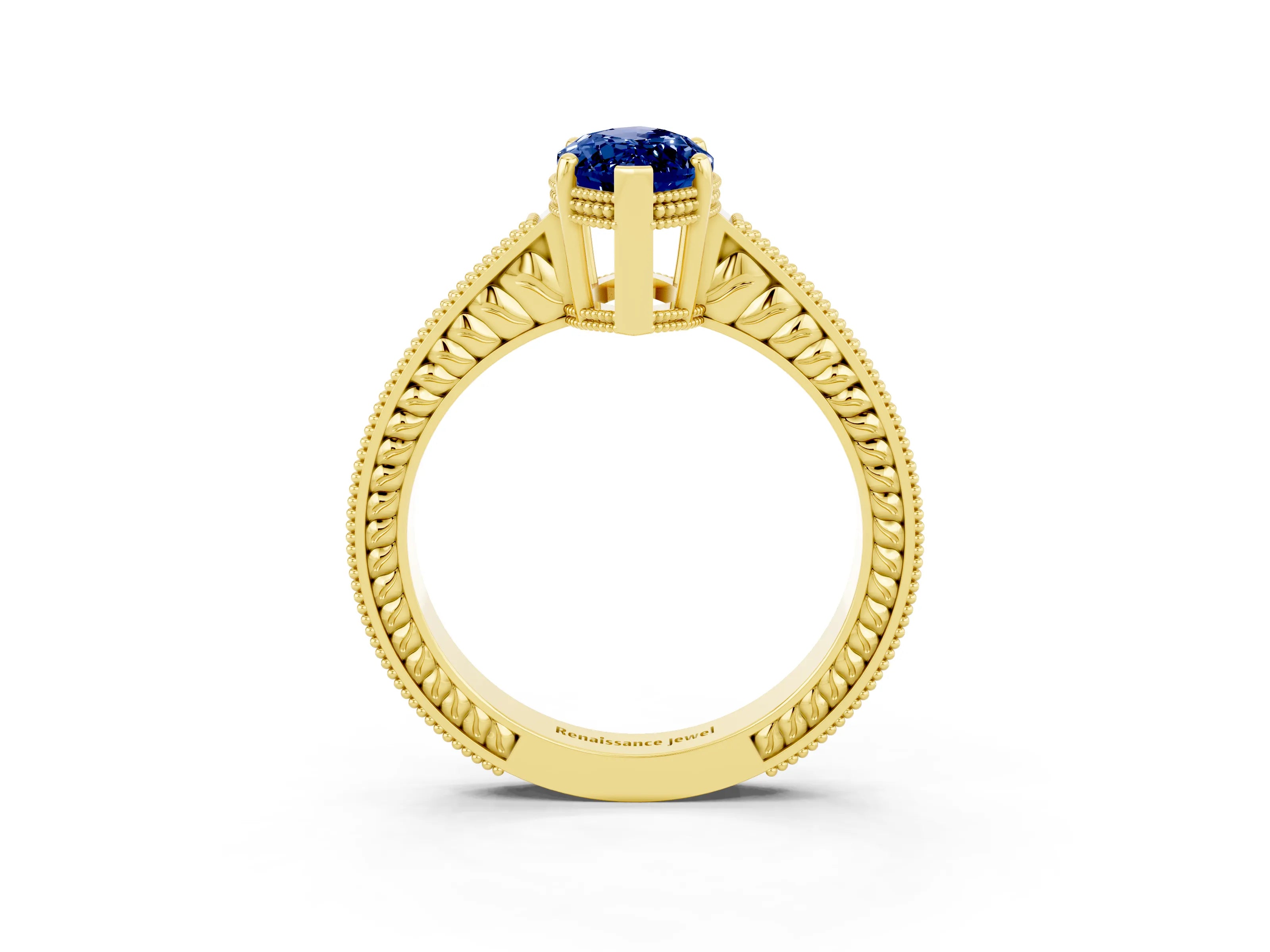 Yellow gold Marquise Cut Blue Sapphire Engagement Ring with Milgrain Channel Set Band and Prong Setting_3