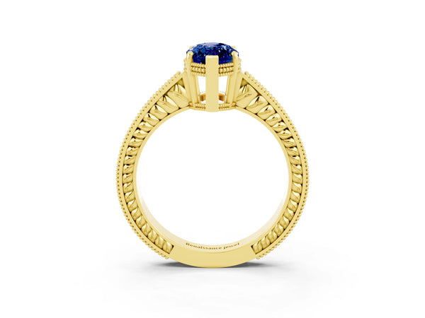 Yellow gold Marquise Cut Blue Sapphire Engagement Ring with Milgrain Channel Set Band and Prong Setting