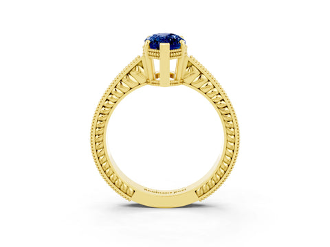 Yellow gold Marquise Cut Blue Sapphire Engagement Ring with Milgrain Channel Set Band and Prong Setting_3