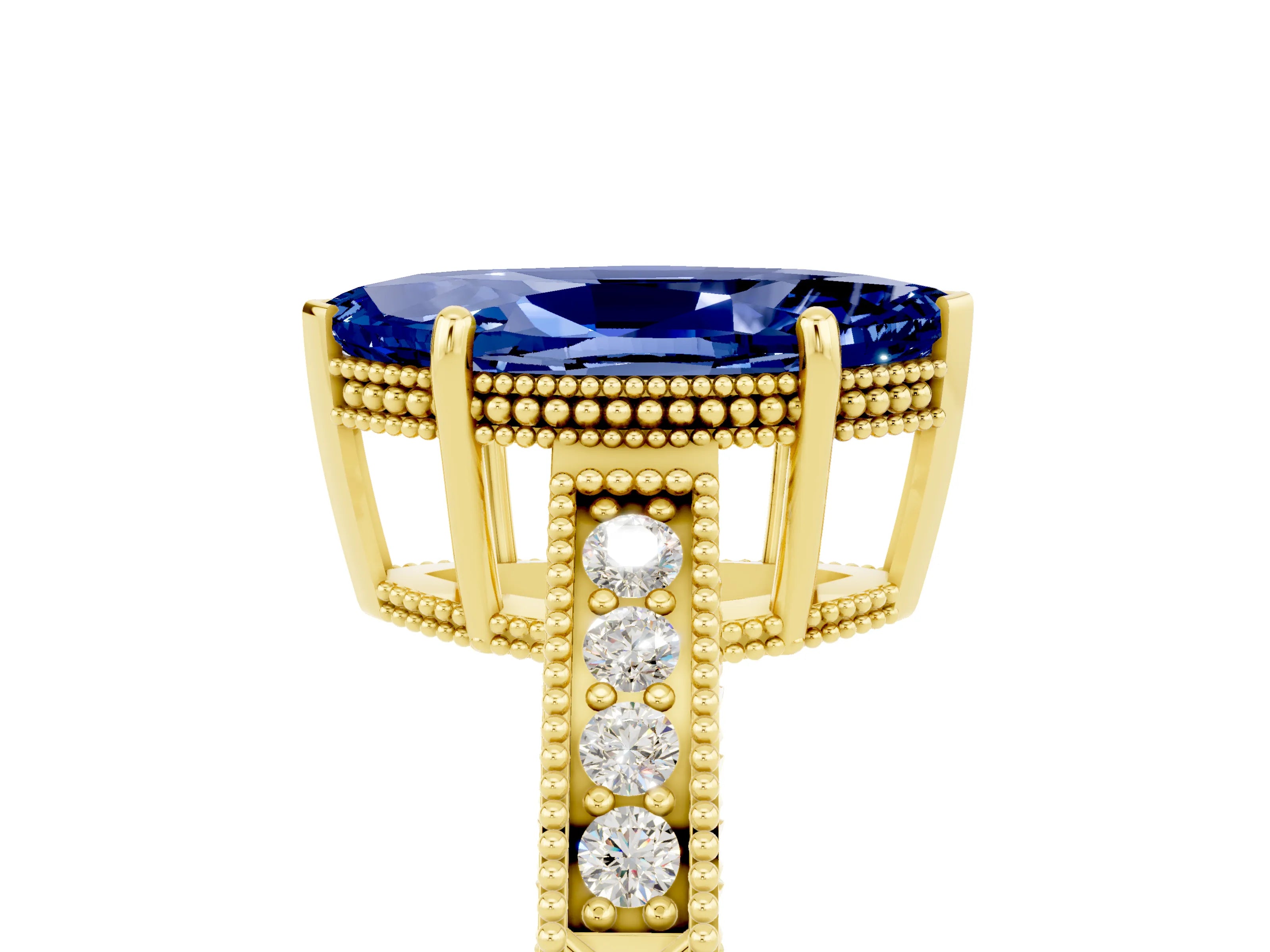 Yellow gold Marquise Cut Blue Sapphire Engagement Ring with Milgrain Channel Set Band and Prong Setting_5