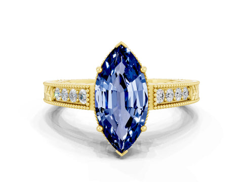Yellow gold Marquise Cut Blue Sapphire Engagement Ring with Milgrain Channel Set Band and Prong Setting