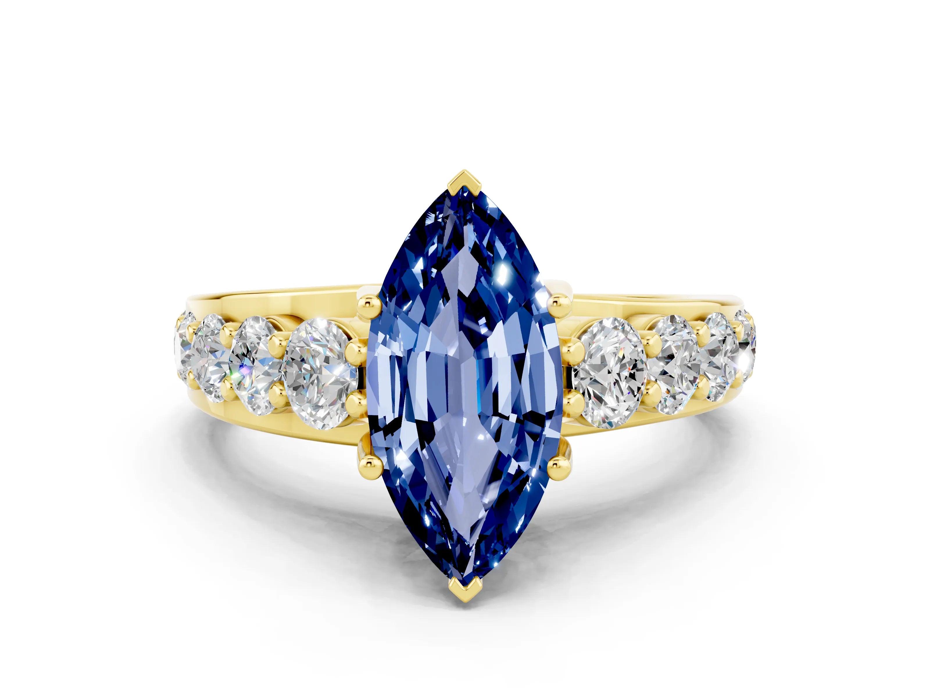 Yellow gold Marquise Cut Blue Sapphire Engagement Ring with Pavé Band and Four-Prong Setting