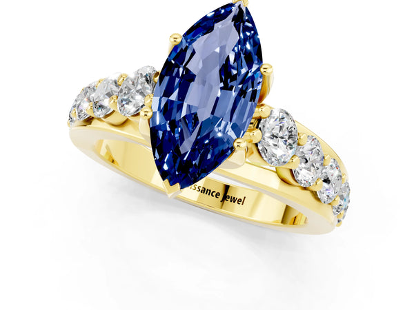 Yellow gold Marquise Cut Blue Sapphire Engagement Ring with Pavé Band and Four-Prong Setting